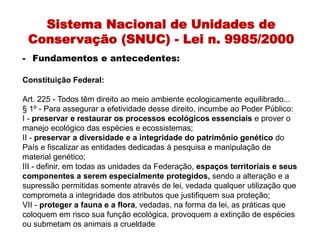 Sistema Nacional de Unidades de
Conservação (SNUC) - Lei n. 9985/2000
- Fundamentos e antecedentes:
Constituição Federal:
Art. 225 - Todos têm direito ao meio ambiente ecologicamente equilibrado...
§ 1º - Para assegurar a efetividade desse direito, incumbe ao Poder Público:
I - preservar e restaurar os processos ecológicos essenciais e prover o
manejo ecológico das espécies e ecossistemas;
II - preservar a diversidade e a integridade do patrimônio genético do
País e fiscalizar as entidades dedicadas à pesquisa e manipulação de
material genético;
III - definir, em todas as unidades da Federação, espaços territoriais e seus
componentes a serem especialmente protegidos, sendo a alteração e a
supressão permitidas somente através de lei, vedada qualquer utilização que
comprometa a integridade dos atributos que justifiquem sua proteção;
VII - proteger a fauna e a flora, vedadas, na forma da lei, as práticas que
coloquem em risco sua função ecológica, provoquem a extinção de espécies
ou submetam os animais a crueldade
 