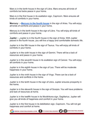 Mars is in the tenth house in the sign of Libra. Mars ensures all kinds of
comforts but lacks peace in your home.
Mars is in the first house in its exaltation sign, Capricorn. Mars ensures all
kinds of comforts in your home.
Mercury : - Mercury in the fourth house in the sign of Aries. You will enjoy
all kinds of comforts and peace in your home.
Mercury is in the tenth house in the sign of Libra. You will enjoy all kinds of
comforts and peace in your home.
Jupiter : - Jupiter is in the fourth house in the sign of Aries. With Jupiter
placed in the fourth house, you will live a happy and comfortable domestic life.
Jupiter is in the fifth house in the sign of Taurus. You will enjoy all kinds of
comforts in your home.
Jupiter is in the sixth house in the sign of Gemini. There will be a lack of
resources and peace in your home.
Jupiter is in the seventh house in its exaltation sign of Cancer. You will enjoy
all comforts in your home.
Jupiter is in the eighth house in the sign of Leo. There will be moderate
happiness in your home.
Jupiter is in the ninth house in the sign of Virgo. There can be a lack of
resources and conflicts in the home.
Jupiter is in the tenth house in the sign of Libra. Jupiter ensures prosperity in
the home.
Jupiter is in the eleventh house in the sign of Scorpio. You will have problems
and lack of resources at home.
Jupiter is in the twelfth house in its Mooltrikona sign, Sagittarius. Jupiter will
give you all kinds of happiness and comfort in your home.
Jupiter is in the first house in its debilitation sign, Capricorn. You will not get
happiness and comfort at home.
 