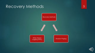 Recovery Methods
Recovery Methods
Shadow Paging
Write Ahead
Logging (WAL)
5
 