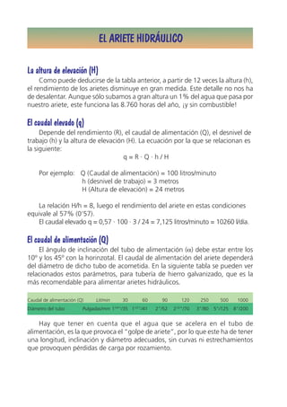 EL ARIETE HIDRÁULICO

La altura de elevación (H)
     Como puede deducirse de la tabla anterior, a partir de 12 veces la altura (h),
el rendimiento de los arietes disminuye en gran medida. Este detalle no nos ha
de desalentar. Aunque sólo subamos a gran altura un 1% del agua que pasa por
nuestro ariete, este funciona las 8.760 horas del año, ¡y sin combustible!

El caudal elevado (q)
     Depende del rendimiento (R), el caudal de alimentación (Q), el desnivel de
trabajo (h) y la altura de elevación (H). La ecuación por la que se relacionan es
la siguiente:
                                    q=R·Q·h/H

     Por ejemplo: Q (Caudal de alimentación) = 100 litros/minuto
                  h (desnivel de trabajo) = 3 metros
                  H (Altura de elevación) = 24 metros

   La relación H/h = 8, luego el rendimiento del ariete en estas condiciones
equivale al 57% (0’57).
   El caudal elevado q = 0,57 · 100 · 3 / 24 = 7,125 litros/minuto = 10260 l/día.

El caudal de alimentación (Q)
    El ángulo de inclinación del tubo de alimentación (α) debe estar entre los
10º y los 45º con la horinzotal. El caudal de alimentación del ariete dependerá
del diámetro de dicho tubo de acometida. En la siguiente tabla se pueden ver
relacionados estos parámetros, para tubería de hierro galvanizado, que es la
más recomendable para alimentar arietes hidráulicos.

Caudal de alimentación (Q)    Lit/min         30         60     90           120    250      500     1000
                                        1/4        1/2                 1/2
Diámetro del tubo        Pulgadas/mm 1 “/35 1 ”/41            2”/52   2 ”/70       3”/80   5”/125   8”/200


    Hay que tener en cuenta que el agua que se acelera en el tubo de
alimentación, es la que provoca el “golpe de ariete”, por lo que este ha de tener
una longitud, inclinación y diámetro adecuados, sin curvas ni estrechamientos
que provoquen pérdidas de carga por rozamiento.
 