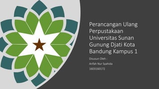 Perancangan Ulang
Perpustakaan
Universitas Sunan
Gunung Djati Kota
Bandung Kampus 1
Disusun Oleh :
Arifah Nur Syahida
1603160172
 