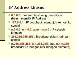 IP Address khusus
 0.0.0.0 : sebuah host yang baru diboot
  (belum memilik IP Address)
 127.0.0.1 : IP Loopback, menunjuk ke host itu
  sendiri
 n.0.0.0, n.n.0.0, atau n.n.n.0 : IP sebuah
  jaringan
 255.255.255.255 : Broadcast dalam jaringan
  sendiri
 n.255.255.255, n.n.255.255, atau n.n.n.255 :
  broadcast ke jaringan luar (dengan alamat n)
 
