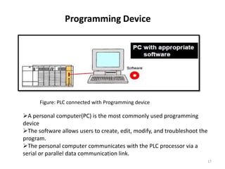 Programming Device




      Figure: PLC connected with Programming device

A personal computer(PC) is the most commonly used programming
device
The software allows users to create, edit, modify, and troubleshoot the
program.
The personal computer communicates with the PLC processor via a
serial or parallel data communication link.
                                                                           17
 