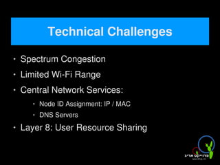 Technical Challenges
       Spectrum Congestion
       Limited Wi-Fi Range
       Central Network Services:
              Node ID Assignment: IP / MAC
              DNS Servers
       Layer 8: User Resource Sharing

                                     
 