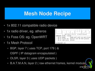 Mesh Node Recipe

   1x 802.11 compatible radio device
   1x radio driver, eg. atheros
   1x Foss OS: eg. OpenWRT
   1x Mesh Protocol
       BGP, layer 7 ( uses TCP, port 179 ) &
        OSPF ( IP datagram encapsulated )
       OLSR, layer 3 ( uses UDP packets )
       B.A.T.M.A.N, layer 2 ( raw ethernet frames, kernel module)
                                     
 
