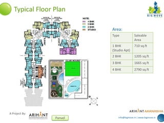 info@bigmove.in | www.bigmove.in
A Project By:
Panvel
Typical Floor Plan
Area:
Type Saleable
Area
1 BHK
(Studio Apt)
710 sq.ft
2 BHK 1205 sq.ft
3 BHK 1665 sq.ft
4 BHK 2790 sq.ft
 
