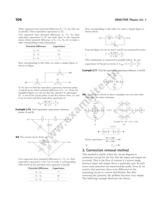 Three capacitors have potential difference,V V
1 2
− . So, they are
in parallel. Their equivalent capacitance is 3 C.
Two capacitors have potential difference, V V
2 3
− . So, their
equivalent capacitance is 2C and lastly there is one capacitor
across which potential difference isV V
2 4
− . So, let us make a
table corresponding to this information.
Potential difference Capacitance
V V
1 2
− 3 C
V V
2 3
− 2 C
V V
2 4
− C
Now corresponding to this table, we make a simple figure as
shown in figure.
As we have to find the equivalent capacitance between points
A and B, across which potential difference isV V
1 4
− . From the
simplified figure, we can see that the capacitor of capacitance
2C is out of the circuit points A and B as shown. Now, 3C and
C are in series and their equivalent capacitance is
C
C C
C C
C
eq =
+
=
( ) ( )
3
3
3
4
Example 2.76 Find equivalent capacitance between
points A and B.
Sol. The circuit can be drawn as
Two capacitors have potential differenceV V
2 3
− , so their
equivalent capacitance is 2C. Let us make a corresponding
table based on the potential each capacitor is having.
Potential difference Capacitance
V V
1 2
− C
V V
2 3
− 2C
V V
1 3
− C
Now corresponding to this table, we make a simple figure as
shown below.
From the figure we can see thatC and2C are connected in series.
∴ C
C C
C C
C
′ =
+
=
( ) ( )
2
2
2
3
This combination is connected in parallel with C. So, net
capacitance of the given circuit is C C C C
net = + =
2
3
5
3
Example 2.77 Find the equivalent capacitance between A and B.
Sol. As, we have solved in above examples, we can solve here
also using the same technique.
Series capacitance =
×
+
=
9 18
9 18
6
C C
C C
C
⇒ C C
eq = 6
2. Connection removal method
This method is useful, when the circuit diagram is
symmetric except for the fact that the input and output are
reversed. That is the flow of current is a mirror image
between input and output above a particular axis. In such
cases, some junctions are unnecessarily made. Even if, we
remove that junction, there is no difference in the
remaining circuit or current distribution. But after
removing the junction, the problem becomes very simple.
The following example illustrates the theory.
106 OBJECTIVE Physics Vol. 2
A B
C
C C
C
A B
C
C C
C
V2
V 1 V 2 V 3
V 2
V 3
V 1
V3
A
B
C
2C
3C
V1 V2 V2 V3
V2 V4
V1
C
V2
2C
V 2 V 3
V 1
C
V 3
A B
4C
8C
9C
6C
A
B
4C
8C
9C
6C
A
B
B
B
4C
6C
8C
B 9C
(i) (ii)
Parallel 4 + 6 + 8 = 18
C C C C
18C 9C
V3
V2V2
V1
V2V2
V3
V3
V3 V2
V3
V3
V2
V2
V3
V2
V1
V1
A
 