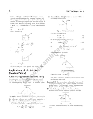 Lower q will apply a repelling force F
1 on upper q because
both the charges have same sign. To balance this force both
Q must apply attractive forces F2 and F3 of equal magnitude,
hence Q and q will have opposite signs. Now, the resultant of
F2 and F3 will be F 2 (Parallelogram law of vector addition),
if | | | |
F F
2 3
= = F. Also note that F 2 will be exactly opposite
to F1.
So, F F
1 2
=
From Coulomb’s law,
F
kq
d
1
2
2
2
=
( )
and F
kQq
d
= 2
Q F F
1 2
=
∴
q
d
Qq
d
2
2 2
2
2
( )
=
∴ Q
q
=
2 2
But as we said Q and q have opposite sign, so q Q
= − 2 2 .
Applications of electric force
(Coulomb’s law)
1. For solving problems related to string
Let us consider two identical balls, having mass m and
charge q. These are suspended from a common point by
two insulating strings each of length L as shown in figure.
The balls repel and come into equilibrium at separation r.
The ball is in equilibrium under the following forces
(i) Weight of the ball, w mg
= and, (ii) Electric force,
F
q q
r
q
r
e =
⋅
=
1
4 4
0
2
2
0
2
πε πε
…(i)
(iii) Tension in the string For this, let us draw FBD of a
ball under consideration.
It is clear from FBD that,
T Fe
sin θ = …(ii)
T mg
cos θ = …(iii)
On dividing Eq. (ii) by Eq. (iii), we get
⇒ tan θ =
F
mg
e
…(iv)
or T T T
= +
( sin ) ( cos )
θ θ
2 2
= +
F mg
e
2 2
( ) …(v)
From geometry of the figure,
tan θ =
/2
r
L
r
2
2
4
−
If θ is small, tan ~ sin
/
θ θ =
−
r
L
2
.
Now, let us solve some problems related to this to make
our concepts more clear.
Example 1.14 Two identical pith balls, each of mass m and
charge q are suspended from a common point by two strings
of equal length l. Find charge q in terms of given quantities,
if angle between the strings is 2θ in equilibrium.
Sol. Let x be the separation between balls in equilibrium.
According to the question, following figure can be drawn
Each ball is in equilibrium under the action of the following
forces
8 OBJECTIVE Physics Vol. 2
F2
F3
F1
d√2
d
F1
√2 F
( )
q, m
r/2
r/2
r
( )
q, m
L
θ θ
Fig. 1.7 Two identical charged balls are suspended from same point
T
T sin q
T cos q
q
mg
Fe
Fig. 1.8 FBD of one of the balls
θ
L
r
2
r2
4
√L –
2
Fig. 1.9 Formation of a
triangle through r/2 and L
θ θ
x
x/2
Tsinθ B
F
F
Tcosθ
A
T T
mg mg
θ
 