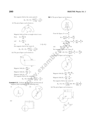Net magnetic field at the centre point O,
B B B
i
R R
O = + = +






1 2
0
1 2
4
1 1
µ
u
(ii) The given figure can be drawn as
Magnetic field at O due to straight wires is zero.
Now, B
i
R
1
0
1
4
= ⊗
µ
and B
i
R
2
0
2
4
=
µ
u
⇒ B B
1 2
> (QR R
1 2
< )
Net magnetic field at the centre O,
B B B
i
R R
O = − = −





 ⊗
1 2
0
1 2
4
1 1
µ
(iii) The given figure can be drawn as
Magnetic field, B
i
R
1
0
4
=
µ
π
u
Magnetic field, B
i
R
2
0
2
3
4
= ⋅
µ
u
Magnetic field, B3 0
=
Net magnetic field at the centre O,
B B B B
O = + +
1 2 3 = +






µ
π
0
4
1 3
2
i
R
u
Example 4.13 Evaluate the magnitude and direction of
magnetic field at point O in the following cases.
(i) (ii)
(iii)
Sol. (i) The given figure can be drawn as
From the figure, d a
= cos
θ
2
B
i
d
1
0
4 2 2
= +






µ
π
θ θ
sin sin
=
⋅
⋅
µ
π
θ
θ
0
4
2
2
2
i
a cos
sin = ⊗
µ
π
θ
0
2 2
i
a
tan
and B
i
a
2
0
2
2
2
=
−
⊗
µ π θ)
π
(
Net magnetic field at the centre O,
B B B
O = +
1 2 = +





 ⊗
µ
π
θ
π −
θ
0
2 2 2
i
a
tan
(ii) The given figure can be drawn as
Magnetic field, B
i
R
1
0
1
2
2
2
= ⋅
−
µ π θ
π
( )
u
Magnetic field, B
i
R
2
0
2
2 2
= ⋅
µ θ
π
u
Net magnetic field at the centre O,
B B B
O = +
1 2 = − +






µ
π
π θ
µ
π
θ
0
1
0
2
4
2
4
i
R
i
R
( ) u
(iii) The given figure can be drawn as
280 OBJECTIVE Physics Vol. 2
O
R1
R2
θ
1
2
i O
a
i
b
b
i
O
a
θ/2 θ/2
1
2
d
2π − θ
O
R1
R2
θ
i
i
O
a
q
i
i
R
O
i
i
1
3
2
i
R2
R1
i
O
i 2
1
i O
a
i
b
b
1
2
90°
90°
45°
2
b
O
3
 