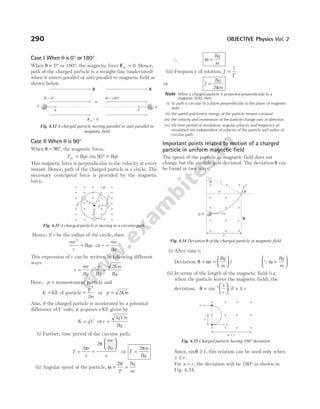 Case I When θ is 0° or180°
When θ = °
0 or 180°, the magnetic force Fm = 0. Hence,
path of the charged particle is a straight line (undeviated)
when it enters parallel or anti-parallel to magnetic field as
shown below.
Case II When θ is 90°
When θ = 90°, the magnetic force,
F Bqv Bqv
m = ° =
sin 90
This magnetic force is perpendicular to the velocity at every
instant. Hence, path of the charged particle is a circle. The
necessary centripetal force is provided by the magnetic
force.
Hence, if r be the radius of the circle, then
mv
r
Bqv
2
= ⇒ r
mv
Bq
=
This expression of r can be written in following different
ways
r
mv
Bq
p
Bq
= = =
2Km
Bq
Here, p = momentum of particle and
K = KE of particle =
p
m
2
2
or p Km
= 2
Also, if the charged particle is accelerated by a potential
difference ofV volts, it acquires a KE given by
K qV
= ⇒ r
qVm
Bq
=
2
(i) Further, time period of the circular path,
T
r
v
=
2π
=






2π
mv
Bq
v
⇒ T
m
Bq
=
2π
(ii) Angular speed of the particle, ω =
2π
T
Bq
m
=
∴ ω =
Bq
m
(iii) Frequency of rotation, f
T
=
1
⇒ f
Bq
m
=
2π
Note When a charged particle is projected perpendicular to a
magnetic field, then
(i) its path is circular in a plane perpendicular to the plane of magnetic
field.
(ii) the speed and kinetic energy of the particle remain constant.
(iii) the velocity and momentum of the particle change only in direction.
(iv) the time period of revolution, angular velocity and frequency of
revolution are independent of velocity of the particle and radius of
circular path.
Important points related to motion of a charged
particle in uniform magnetic field
The speed of the particle in magnetic field does not
change but the particle gets deviated. The deviation θ can
be found in two ways,
(i) After time t,
Deviation, θ ω
= =






t
Bq
m
t Qω =






Bq
m
(ii) In terms of the length of the magnetic field (i.e.
when the particle leaves the magnetic field), the
deviation, θ =






−
sin 1 x
r
, if x r
≤
Since, sinθ ≥ 1, this relation can be used only when
x r
≤ .
For x r
> , the deviation will be 180° as shown in
Fig. 4.34.
290 OBJECTIVE Physics Vol. 2
B B
Fm = 0
or
q q
v v
+
– +
–
q = 0° q = 180°
Fig. 4.32 A charged particle moving parallel or anti-parallel to
magnetic field
+
+
+
F
v
v
F
F
v
B
r
×
×
×
×
×
×
×
×
×
×
×
×
×
×
×
×
×
×
×
×
×
×
×
×
×
×
×
×
×
Fig. 4.33 A charged particle is moving in a circular path
q, m
q
v
r
x
q
B
x
+ v
×
×
×
×
×
×
×
×
×
×
×
×
×
×
Fig. 4.34 Deviation θ of the charged particle in magnetic field
×
×
×
×
×
×
× ×
× ×
× ×
v
v
r
x > r
Fig. 4.35 Charged particle having 180° deviation
 
