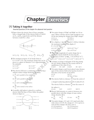 (A) Taking it together
Assorted questions of the chapter for advanced level practice
1 Figure shows the electric lines of force emerging
from a charged body. If the electric field at A and B
are EA and EB respectively and if the distance
between A and B is r, then
(a) E E
A B
> (b) E E
A B
< (c) E
E
r
A
B
= (d) E
E
r
A
B
= 2
2 The insulation property of air breaks down at
E = ×
3 106
V/m. The maximum charge that can be
given to a sphere of diameter 5 m is approximately
(in coulombs)
(a) 2 10 2
× −
(b) 2 10 3
× −
(c) 2 10 4
× −
(d) 2 10 5
× −
3 The electric field near a conducting surface having a
uniform surface charge density σ is given by
(a)
σ
ε0
and is parallel to the surface
(b)
2
0
σ
ε
and is parallel to the surface
(c)
σ
ε0
and is normal to the surface
(d)
2
0
σ
ε
and is normal to the surface
4 A metallic solid sphere is placed in a uniform
electric field.The lines of force follow the path(s)
shown in figure as
(a) 1 (b) 2
(c) 3 (d) 4
5 Two point charges of 20 µC and 80µC are 10 cm
apart. Where will the electric field strength be zero
on the line joining the charges from 20 µC charge?
(a) 0.1 m (b) 0.04 m
(c) 0.033 m (d) 0.33 m
6 For a dipole q = × −
2 10 6
C and d = 0 01
. m. Calculate
the maximum torque for this dipole, if
E = × −
5 105
NC 1
.
(a)1 10 3 1
× − −
N m
- (b)10 10 3 1
× − −
N m
-
(c)10 10 3
× −
N m
- (d)1 102 2
× N m
-
7 What is the magnitude of a point charge due to
which the electric field 30 cm away has the
magnitude of 2 N/C? [1 4 9 10
0
9 2 2
/ /
πε = × N m C
- ]
(a) 2 10 11
× −
C (b) 3 10 11
× −
C(c) 5 10 11
× −
C (d) 9 10 11
× −
C
8 A charge q is lying at mid-point of the line joining
the two similar charges Q. The system will be in
equilibrium, if the value of q is
(a) Q/2 (b) − Q/2 (c) Q/4 (d) − Q/4
9 Two point charges q and 2q are placed some distance
apart. If the electric field at the location of q be E,
then that at the location of 2q will be
(a) 3E (b) E/2
(c) E (d) None of these
10 The electric field at a distance
3
2
R
from the centre of
a charged conducting spherical shell of radius R is E.
The electric field at a distance
R
2
from the centre of
the sphere is
(a) zero (b) E (c) E/2 (d) E/3
11 Electric field intensity at a point in between two
parallel sheets with like charges of same surface
charge densities ( )
σ is
(a)
σ
ε
2 0
(b)
σ
ε0
(c) zero (d)
2
0
σ
ε
12 Two point charges +2 C and + 6 C repel each other
with a force of 12 N. If a charge of − 4 C is given to
each of these charges, the force now is
(a) 4 N (repulsive) (b) 4 N (attractive)
(c) 12 N (attractive) (d) 8 N (repulsive)
A
r
B
1 1
2 2
3 3
4 4
Exercises
Chapter
 