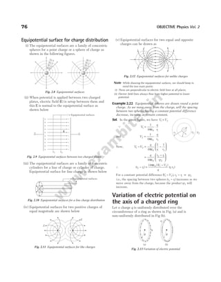 Equipotential surface for charge distribution
(i) The equipotential surfaces are a family of concentric
spheres for a point charge or a sphere of charge as
shown in the following figures.
(ii) When potential is applied between two charged
plates, electric field ( )
E is setup between them and
this E is normal to the equipotential surface as
shown below
(iii) The equipotential surfaces are a family of concentric
cylinders for a line of charge or cylinder of charge.
Equipotential surface for line charge is shown below
(iv) Equipotential surfaces for two positive charges of
equal magnitude are shown below
(v) Equipotential surfaces for two equal and opposite
charges can be drawn as
Note While drawing the equipotential surfaces, we should keep in
mind the two main points
(i) These are perpendicular to electric field lines at all places.
(ii) Electric field lines always flow from higher potential to lower
potential.
Example 2.22 Equipotential spheres are drawn round a point
charge. As we move away from the charge, will the spacing
between two spheres having a constant potential difference
decrease, increase or remain constant.
Sol. In the given figure, we have V V
1 2
>
Q V
q
r
1
0 1
1
4
= ⋅
πε
and V
q
r
2
0 2
1
4
= ⋅
πε
Now, V V
q
r r
1 2
0 1 2
4
1 1
− = −






πε
=
−






q r r
rr
4 0
2 1
1 2
πε
∴ ( )
( ) ( )
( )
r r
V V
q
r r
2 1
0 1 2
1 2
4
− =
−
πε
For a constant potential difference ( )
V V
1 2
− , r r rr
2 1 1 2
− ∝
i.e., the spacing between two spheres ( )
r r
2 1
− increases as we
move away from the charge, because the product rr
1 2 will
increase.
Variation of electric potential on
the axis of a charged ring
Let a charge q is uniformly distributed over the
circumference of a ring as shown in Fig. (a) and is
non-uniformly distributed in Fig (b).
76 OBJECTIVE Physics Vol. 2
+ –
+ –
+ –
+ –
+ –
+ –
+ –
+ –
+ –
+ –
+ –
E
V1 V2
Equipotential surfaces
Fig. 2.9 Equipotential surfaces between two charged plates
Equipotential surfaces
Fig. 2.10 Equipotential surfaces for a line charge distribution
+ +
E
E
Fig. 2.11 Equipotential surfaces for like charges
+
40V
30 V
20 V
10 V
–
10V
20 V
30 V
40 V
Fig. 2.8 Equipotential surfaces
– +
Fig. 2.12 Equipotential surfaces for unlike charges
+
r1
r2
q
V1 V2
+
+
+
+
+
+
+
+
+
+
+
+
+
+
+
+
+
R
q
(a) (b)
+
+
+
+
+
+
+
+
+
+
+
+
R
q
+ +
+
+
+
+
Fig. 2.13 Variation of electric potential
 