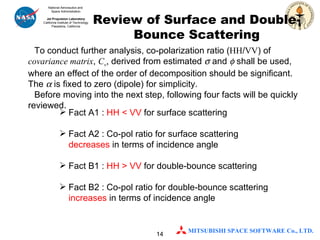 Review of Surface and Double-Bounce Scattering To conduct further analysis, co-polarization ratio ( HH / VV ) of  covariance matrix ,  C v , derived from estimated    and    shall be used, where an effect of the order of decomposition should be significant. The    is fixed to zero (dipole) for simplicity.  Before moving into the next step, following four facts will be quickly reviewed. Fact A1 :  HH < VV  for surface scattering Fact A2 : Co-pol ratio for surface scattering  decreases  in terms of incidence angle Fact B1 :  HH > VV  for double-bounce scattering Fact B2 : Co-pol ratio for double-bounce scattering  increases  in terms of incidence angle 