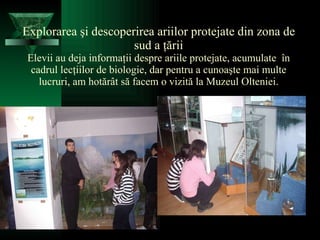Explorarea şi descoperirea ariilor protejate din zona de sud a ţării Elevii au deja informaţii despre ariile protejate ,  acumulate  în cadrul lecţiil or  de biologie, dar pentru a cunoaşte mai multe lucruri, am hotărât să facem o vizită la Muzeul Olteniei. 