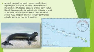  Această moștenire a lumii – componentă a listei
suprafeţelor protejate din cadrul Monumentului
Naţional al SUA, locaţia acesteia aflându-se în statul
Hawai. Monumentul este alcătuit din 10 insule şi atoli
ai insulelor din nord-vestul Hawai. Zona este casă
pentru 7000 de specii diferite, inclusiv pentru foca
călugăr, specie pe cale de dispariție.
 