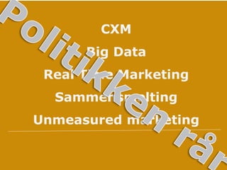 CXM
Big Data
Real Time Marketing
Sammensmelting
Unmeasured marketing
 