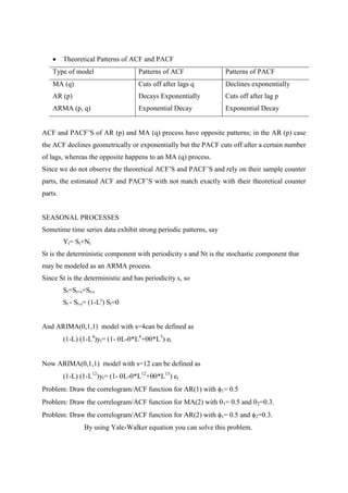 Theoretical Patterns of ACF and PACF
Type of model Patterns of ACF Patterns of PACF
MA (q) Cuts off after lags q Declines exponentially
AR (p) Decays Exponentially Cuts off after lag p
ARMA (p, q) Exponential Decay Exponential Decay
ACF and PACF’S of AR (p) and MA (q) process have opposite patterns; in the AR (p) case
the ACF declines geometrically or exponentially but the PACF cuts off after a certain number
of lags, whereas the opposite happens to an MA (q) process.
Since we do not observe the theoretical ACF’S and PACF’S and rely on their sample counter
parts, the estimated ACF and PACF’S with not match exactly with their theoretical counter
parts.
SEASONAL PROCESSES
Sometime time series data exhibit strong periodic patterns, say
Yt= St+Nt
St is the deterministic component with periodicity s and Nt is the stochastic component that
may be modeled as an ARMA process.
Since St is the deterministic and has periodicity s, so
St=St+s=St-s
St - St-s= (1-Ls
) St=0
And ARIMA(0,1,1) model with s=4can be defined as
(1-L) (1-L4
)yt= (1- L- *L4
+ *L5
) et
Now ARIMA(0,1,1) model with s=12 can be defined as
(1-L) (1-L12
)yt= (1- L- *L12
+ *L13
) et
Problem: Draw the correlogram/ACF function for AR(1) with 1= 0.5
Problem: Draw the correlogram/ACF function for MA(2) with 1= 0.5 and 2=0.3.
Problem: Draw the correlogram/ACF function for AR(2) with 1= 0.5 and 2=0.3.
By using Yale-Walker equation you can solve this problem.
 