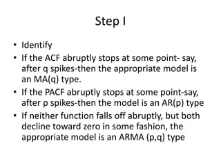 Step I
• Identify
• If the ACF abruptly stops at some point- say,
after q spikes-then the appropriate model is
an MA(q) type.
• If the PACF abruptly stops at some point-say,
after p spikes-then the model is an AR(p) type
• If neither function falls off abruptly, but both
decline toward zero in some fashion, the
appropriate model is an ARMA (p,q) type
 