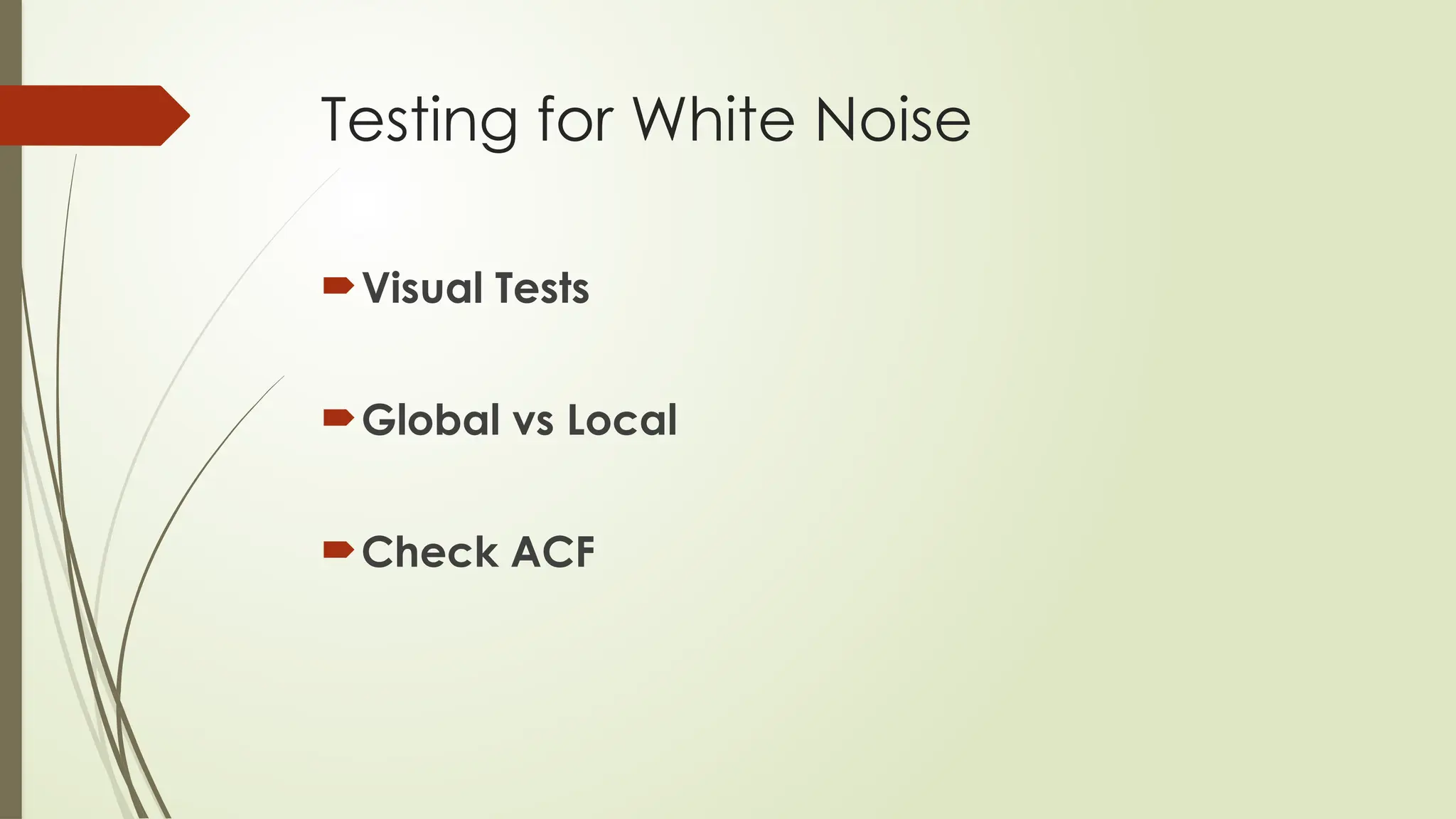 Testing for White Noise
Visual Tests
Global vs Local
Check ACF
 