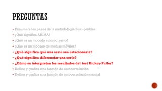  Ennumera los pasos de la metodología Box - Jenkins
 ¿Qué significa ARIMA?
 ¿Qué es un modelo autoregresivo?
 ¿Qué es un modelo de medias móviles?
 ¿Qué significa que una serie sea estacionaria?
 ¿Qué significa diferenciar una serie?
 ¿Cómo se interpretan los resultados del test Dickey-Fuller?
 Define y grafica una función de autocorrelación
 Define y grafica una función de autocorrelación parcial
 