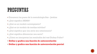  Ennumera los pasos de la metodología Box - Jenkins
 ¿Qué significa ARIMA?
 ¿Qué es un modelo autoregresivo?
 ¿Qué es un modelo de medias móviles?
 ¿Qué significa que una serie sea estacionaria?
 ¿Qué significa diferenciar una serie?
 ¿Cómo se interpretan los resultados del test Dickey-Fuller?
 Define y grafica una función de autocorrelación
 Define y grafica una función de autocorrelación parcial
 