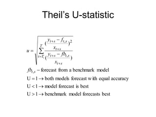 Theil’s U-statistic
best
forecasts
model
benchmark
1
U
best
is
forecast
model
1
U
accuracy
equal
ith
forecast w
models
both
1
U
model
benchmark
a
from
forecast
)
(
)
(
,
,
2
,
1









 





s
t
T
T
t
s
t
s
t
s
t
s
t
s
t
s
t
fb
x
fb
y
x
f
y
u
 