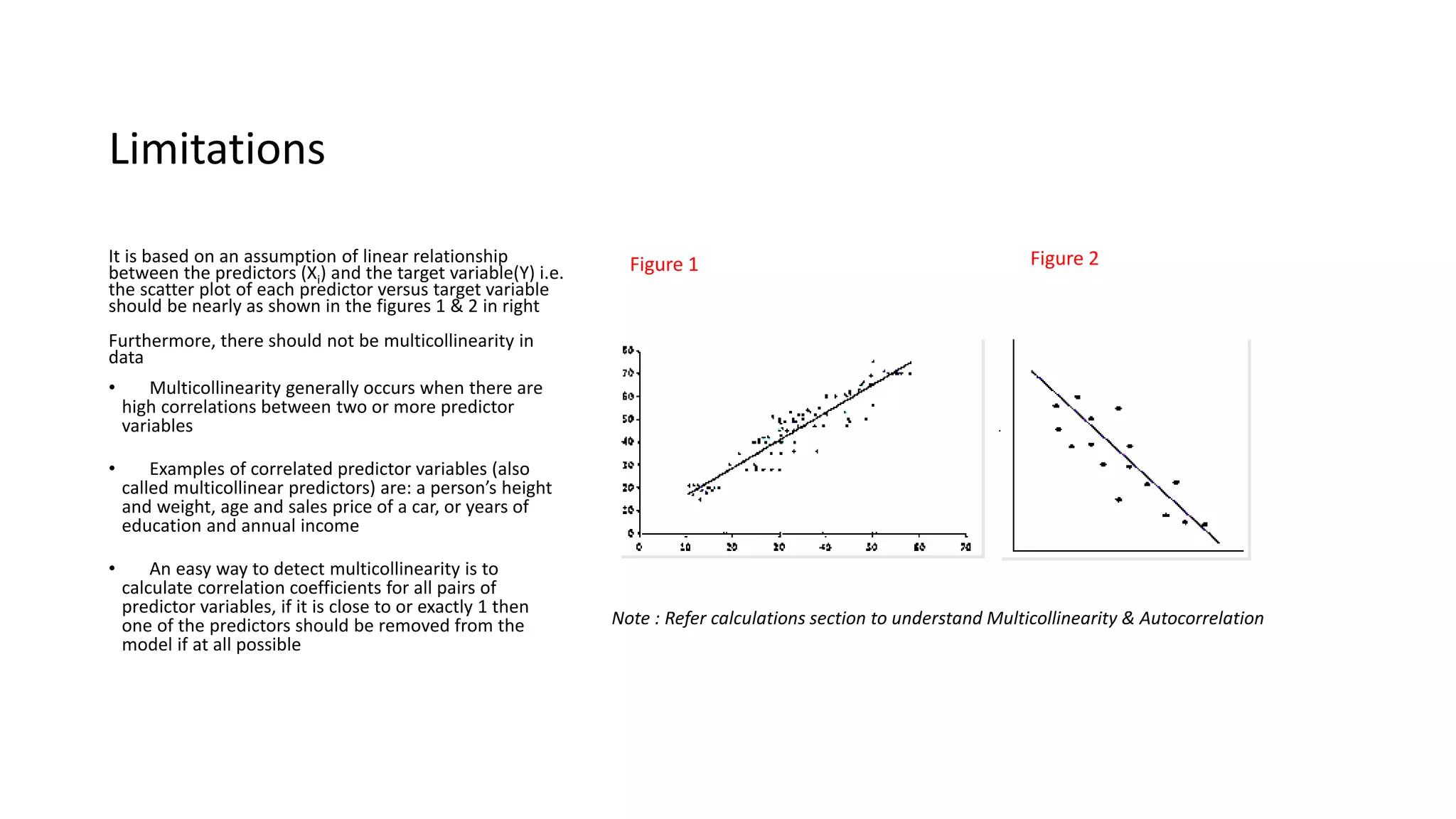Limitations
It is based on an assumption of linear relationship
between the predictors (Xi) and the target variable(Y) i.e.
the scatter plot of each predictor versus target variable
should be nearly as shown in the figures 1 & 2 in right
Furthermore, there should not be multicollinearity in
data
• Multicollinearity generally occurs when there are
high correlations between two or more predictor
variables
• Examples of correlated predictor variables (also
called multicollinear predictors) are: a person’s height
and weight, age and sales price of a car, or years of
education and annual income
• An easy way to detect multicollinearity is to
calculate correlation coefficients for all pairs of
predictor variables, if it is close to or exactly 1 then
one of the predictors should be removed from the
model if at all possible
Note : Refer calculations section to understand Multicollinearity & Autocorrelation
Figure 1 Figure 2
 