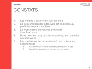 CONSTATS Les médias traditionnels sont en crise La fréquentation des sites web est en baisse au profit des réseaux sociaux Le journalisme citoyen est une réalité incontournable Nous ne cherchons plus les nouvelles, les nouvelles nous trouvent Les médias sociaux connaissent une croissance exponentielle Les communications marketing emboîtent le pas Les affaires publiques demeurent prudentes 
