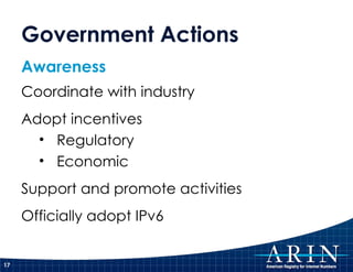 Government Actions Awareness Coordinate with industry Adopt incentives Regulatory Economic Support and promote activities Officially adopt IPv6 