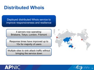 Distributed Whois
10
4 servers now operating:
Brisbane, Tokyo, London, Fremont
Deployed distributed Whois service to
improve responsiveness and resilience
Response times have improved up to
10x for majority of users
Multiple sites to sink attack traffic without
bringing the service down
 