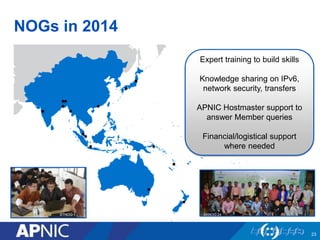 NOGs in 2014
BTNOG 1 SANOG 24
23
Expert training to build skills
Knowledge sharing on IPv6,
network security, transfers
APNIC Hostmaster support to
answer Member queries
Financial/logistical support
where needed
 