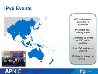 IPv6 Events
24
686 professionals
trained in 16
economies
Presented at 24
industry events
Generated 26 pieces
of IPv6 media
coverage
Joint IPv6 workshops
with ITU
Continuous support to
APIPv6TF
ITU/APNIC IPv6
Workshop. Lao
 