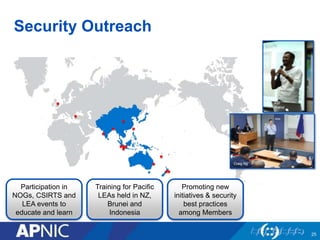 Security Outreach
Adli
Wahid
Craig Ng
Participation in
NOGs, CSIRTS and
LEA events to
educate and learn
Promoting new
initiatives & security
best practices
among Members
Training for Pacific
LEAs held in NZ,
Brunei and
Indonesia
25
 