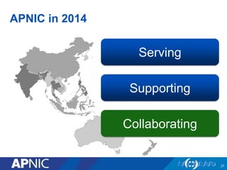 APNIC in 2014
Serving
Collaborating
Supporting
27
 