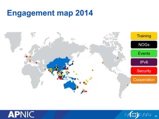 Engagement map 2014
Training
NOGs
Events
IPv6
Security
Cooperation
29
 