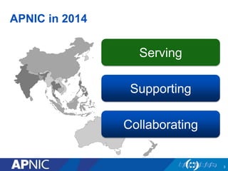 APNIC in 2014
Serving
Collaborating
Supporting
3
 