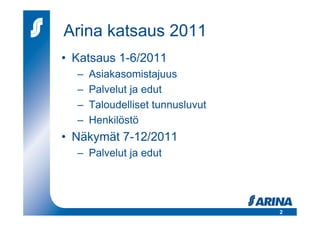 Arina katsaus 2011
• Katsaus 1-6/2011
  –   Asiakasomistajuus
  –   Palvelut ja edut
  –   Taloudelliset tunnusluvut
  –   Henkilöstö
• Näkymät 7-12/2011
  – Palvelut ja edut




                                  2
 