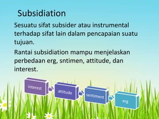 Subsidiation
Sesuatu sifat subsider atau instrumental
terhadap sifat lain dalam pencapaian suatu
tujuan.
Rantai subsidiation mampu menjelaskan
perbedaan erg, sntimen, attitude, dan
interest.

 