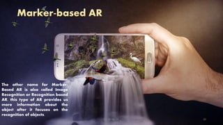 Marker-based AR
The other name for Marker-
Based AR is also called Image
Recognition or Recognition based
AR. this type of AR provides us
more information about the
object after it focuses on the
recognition of objects.
CC-BY-NC-SA 20
 