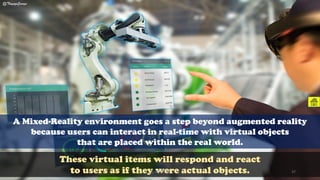 A Mixed-Reality environment goes a step beyond augmented reality
because users can interact in real-time with virtual objects
that are placed within the real world.
These virtual items will respond and react
to users as if they were actual objects.
@ThiyaguSuriya
CC-BY-NC-SA 37
 