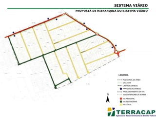 SISTEMA VIÁRIODIAGNÓSTICO PARTICIPATIVORuas estreitas:Problema de coleta de Lixo;Transporte para levar as crianças para a escola só na entrada do parcelamento;Problema de Drenagem;Ruas sem retorno;Faltam: Pavimentação;Arborização (área muito quente);Calçadas;Ciclovias;Mobiliário urbano: Lixeiras, sinalização, etc...Transporte público coletivo;Saneamento básico.