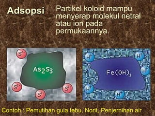 Adsopsi           Partikel koloid mampu
                    menyerap molekul netral
                    atau ion pada
                    permukaannya.




Contoh : Pemutihan gula tebu, Norit, Penjernihan air 29
 