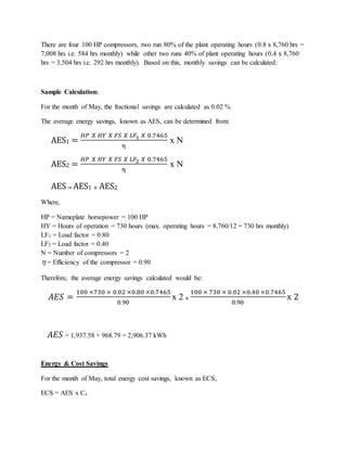 There are four 100 HP compressors, two run 80% of the plant operating hours (0.8 x 8,760 hrs =
7,008 hrs i.e. 584 hrs monthly) while other two runs 40% of plant operating hours (0.4 x 8,760
hrs = 3,504 hrs i.e. 292 hrs monthly). Based on this, monthly savings can be calculated:
Sample Calculation:
For the month of May, the fractional savings are calculated as 0.02 %
The average energy savings, known as AES, can be determined from:
AES1 =
𝐻𝑃 𝑋 𝐻𝑌 𝑋 𝐹𝑆 𝑋 𝐿𝐹1 𝑋 0.7465
η
x N
AES2 =
𝐻𝑃 𝑋 𝐻𝑌 𝑋 𝐹𝑆 𝑋 𝐿𝐹2 𝑋 0.7465
η
x N
AES = AES1 + AES2
Where,
HP = Nameplate horsepower = 100 HP
HY = Hours of operation = 730 hours (max. operating hours = 8,760/12 = 730 hrs monthly)
LF1 = Load factor = 0.80
LF2 = Load factor = 0.40
N = Number of compressors = 2
 = Efficiency of the compressor = 0.90
Therefore, the average energy savings calculated would be:
𝐴𝐸𝑆 =
100 ×730 × 0.02 ×0.80 ×0.7465
0.90
x 2 +
100 × 730 × 0.02 ×0.40 ×0.7465
0.90
x 2
𝐴𝐸𝑆 = 1,937.58 + 968.79 = 2,906.37 kWh
Energy & Cost Savings
For the month of May, total energy cost savings, known as ECS,
ECS = AES x Ce
 