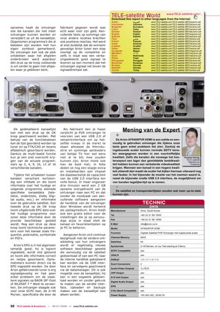 TELE-satellite World
                                                                          Download this report in other languages from the Internet:
                                                                                                                                    www.TELE-satellite.com/...

                                                                          Arabic             ‫ﺍﻟﻌﺮﺑﻴﺔ‬               www.TELE-satellite.com/TELE-satellite-0807/ara/arion.pdf
                                                                          Indonesian         Indonesia             www.TELE-satellite.com/TELE-satellite-0807/bid/arion.pdf
opnames haalt de ontvanger            fabrikant gegeven wordt was         Bulgarian          Български             www.TELE-satellite.com/TELE-satellite-0807/bul/arion.pdf
                                                                          Czech              Česky                 www.TELE-satellite.com/TELE-satellite-0807/ces/arion.pdf
ook die kanalen die niet meer         echt waar voor zijn geld. Aan-      German             Deutsch               www.TELE-satellite.com/TELE-satellite-0807/deu/arion.pdf
ontvangen kunnen worden en            vullende tests op sommige van       English            English               www.TELE-satellite.com/TELE-satellite-0807/eng/arion.pdf
                                                                          Spanish            Español               www.TELE-satellite.com/TELE-satellite-0807/esp/arion.pdf
verwijdert ze uit de kanaallijst.     onze andere locaties brachten       Farsi              ‫ﻓﺎﺭﺳﻲ‬                 www.TELE-satellite.com/TELE-satellite-0807/far/arion.pdf
Opgenomen programma’s die al          ook positieve reacties. Het werd    French             Français              www.TELE-satellite.com/TELE-satellite-0807/fra/arion.pdf
                                                                          Greek              Ελληνικά              www.TELE-satellite.com/TELE-satellite-0807/hel/arion.pdf
bekeken zijn worden met hun           al snel duidelijk dat de extreem    Croatian           Hrvatski              www.TELE-satellite.com/TELE-satellite-0807/hrv/arion.pdf
eigen symbool gemarkeerd.             gevoelige Arion tuner een stap      Italian            Italiano              www.TELE-satellite.com/TELE-satellite-0807/ita/arion.pdf
                                                                          Hungarian          Magyar                www.TELE-satellite.com/TELE-satellite-0807/mag/arion.pdf
De ontvanger kan ook de plek          voorligt op de competitie en        Mandarin           中文                    www.TELE-satellite.com/TELE-satellite-0807/man/arion.pdf
ontdekken waar het afspelen           zelfs in staat was een verba-       Dutch              Nederlands            www.TELE-satellite.com/TELE-satellite-0807/ned/arion.pdf
                                                                          Polish             Polski                www.TELE-satellite.com/TELE-satellite-0807/pol/arion.pdf
onderbroken werd waardoor             zingwekkend goed signaal te         Portuguese         Português             www.TELE-satellite.com/TELE-satellite-0807/por/arion.pdf
één druk op de knop voldoende         leveren op een moment dat het       Romanian           Românesc              www.TELE-satellite.com/TELE-satellite-0807/rom/arion.pdf
                                                                          Russian            Русский               www.TELE-satellite.com/TELE-satellite-0807/rus/arion.pdf
is om verder te gaan met afspe-       ontvangen signaal net boven de      Swedish            Svenska               www.TELE-satellite.com/TELE-satellite-0807/sve/arion.pdf
len waar je gebleven bent.            signaaldrempel zat.                 Turkish            Türkçe                www.TELE-satellite.com/TELE-satellite-0807/tur/arion.pdf




   De gedetailleerd kanaallijst
kan met een druk op de OK
                                        Als fabrikant ben je haast
                                      verplicht je PVR ontvanger te
                                                                                       Mening van de Expert
knop geactiveerd worden. Met          voorzien van een USB 2.0 of               +
behulp van de functietoetsen          netwerkinterface om op het-             De Arion AF9400PVR HDMI is een solide en een-
kan de lijst geordend worden op       zelfde niveau in de markt te         voudig te gebruiken ontvanger die tijdens onze
tuner en op FTA/CAS en tevens         staan alhoewel de ﬁlmindu-           tests geen enkel probleem liet zien. Dankzij de
alfabetisch gesorteerd worden.        strie en sommige aanbieders          ingebouwde scaler kunnen normale SDTV kana-
Dankzij de multi-beeld functie        van betaal TV hier wel eens          len weergegeven worden in een voortreffelijke
kun je een snel overzicht krij-       niet al te blij mee zouden           kwaliteit. Zelfs die kanalen die vanwege het kos-      Thomas Haring
                                                                                                                                    TELE-satelliet
gen van de actuele program-           kunnen zijn. Arion miste ook         tenaspect een lager dan gemiddelde beeldkwali-            Testcentrum
ma’s op 2, 4, 9, 10, 13 of 16         hier de boot niet; in feite          teit hebben kunnen een verbeterde videokwaliteit            Oostenrijk
verschillende kanalen.                deden ze nog een stapje extra        krijgen. Wanneer een kanaal in een hogere kwali-
                                      en installeerden een chipset         teit uitzendt dan maakt de scaler het kijken hiernaar uiteraard nog
   Tijdens het schakelen tussen       die daadwerkelijk de capaciteit      veel leuker. In het bijzonder de moeite van het noemen waard is,
kanalen verschijnt kortston-          van de USB 2.0 interface ten         naast de bijzonder snelle USB 2.0 interface, de mogelijkheid om
dig een infobalk en die toont         volle benut. In maar ongeveer        vier kanalen tegelijkertijd op te nemen.
informatie over het huidige en
volgende programma alsmede
                                      drie minuten werd een 2 GB
                                      opname overgebracht van de
                                                                                -
                                                                             De satelliet en transponderlijsten zouden wat meer up-to-date
speciﬁeke kanaaldata (tele-           ontvanger naar een PC en dat
                                                                           kunnen zijn.
tekst, ondertitels, Dolby Digi-       zonder de noodzaak van aan-
tal audio, enz.) en informatie        vullende software aangezien
over de gebruikte satelliet. Een      de harddisk van de ontvanger                                         TECHNIC
tweede druk op de OK knop             door Windows wordt herkend                                                 DATA
toont uitgebreide EPG data over       als opslagmedium. Arion biedt       Manufacturer                 Arion, South Korea
het huidige programma voor            ook een gratis editor voor de       Tel                          +82 (0) 31 361 3000
zover deze informatie door de         instellingen die je op eenvou-
                                                                          Fax                          +49 (0) 31 361 3099
provide beschikbaar gesteld           dige wijze in staat stelt de
wordt. Nog een druk op deze           kanaal en favorietenlijsten op      E-Mail                       info@arion.co.kr
knop toont technische parame-         je PC te beheren.                   Model                        AF9400PVR HDMI
ters voor het kanaal zoals fre-
                                                                          Function                     Digitale Satelliet PVR Ontvanger met ingebouwde scaler
quentie, polarisatie, symbolrate         Aangezien Arion zich continue
en PID’s.                             bezighoudt met de verdere ont-      Channel Memory               8000

                                      wikkeling van hun ontvangers        Satellites                   54
  Arion’s EPG is in het algemeen      wordt er regelmatig nieuwe          Symbolrate                   2~45 Ms/sec. (in our Test starting at 2 Ms/s)
tamelijk goed; hij is logisch         software beschikbaar gesteld
                                                                          SCPC Compatible              yes
ingedeeld, wordt vlot getoond         die eenvoudig via de satelliet
en toont alle informatie correct      gedownload of van een PC naar       USALS                        yes
en netjes gesorteerd. Opna-           de interne harddisk gekopieerd      DiSEqC                       1.0 / 1.1 / 1.2 / 1.3
metimers kunnen direct via de         kan worden via de USB inter-        Scart Connectors             2
EPG ingesteld worden. De door         face en vervolgens geactiveerd
                                                                          Audio/Video Outputs          3 x RCA
Arion gefabriceerde tuner is erg      via de datamanager. Dit is ook
signaalgevoelig en had geen           mogelijk voor de kanaallijst; hij   UHF Output                   yes
enkel probleem om de zwak-            kan in een oogwenk gedown-          0/12 Volt Output             yes
kere signalen op BADR 26° Oost        load worden en zonder gebruik       Digital Audio Output         yes
of NILESAT 7 ° West te verwer-        te maken van de seriële inter-
                                                                          EPG                          yes
ken. De ontvanger slaagde ook         face. Uploaden en backups
voor onze SCPC test; de 2~45          maken van de kanaallijst kan        C/Ku-Band Compatible         yes
Ms/sec. speciﬁcatie die door de       alleen seriëel.                     Power Supply                 100-240 VAC, 50/60 Hz




32 TELE-satellite & Broadband — 06-07/2008 — www.TELE-satellite.com
 