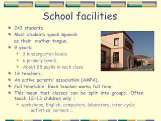 School facilities
243 students.
Most students speak Spanish
as their mother tongue.
9 years:
  3 kindergarten levels.

  6 primary levels.

  About 25 pupils in each class.

16 teachers.
An active parents’ association (AMPA).
Full timetable. Each teacher works full time.
This mean that classes can be split into groups. Often
teach 12-13 children only :
  workshops, English, computers, laboratory, inter-cycle
        activities, corners ...
 