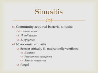 
 Community acquired bacterial sinusitis
 S.pneumoniae
 H. influenzae
 S. pyogenes
 Nosocomial sinusitis
 Seen in critically ill, mechanically ventilated
 S. aureus
 Pseudomonas aeruginosa
 Serratia marcescens
 fungal
Sinusitis
 