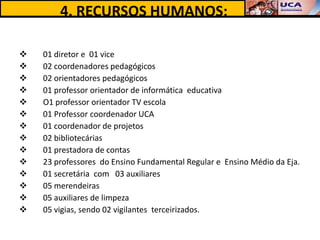 4. RECURSOS HUMANOS:

   01 diretor e 01 vice
   02 coordenadores pedagógicos
   02 orientadores pedagógicos
   01 professor orientador de informática educativa
   O1 professor orientador TV escola
   01 Professor coordenador UCA
   01 coordenador de projetos
   02 bibliotecárias
   01 prestadora de contas
   23 professores do Ensino Fundamental Regular e Ensino Médio da Eja.
   01 secretária com 03 auxiliares
   05 merendeiras
   05 auxiliares de limpeza
   05 vigias, sendo 02 vigilantes terceirizados.
 