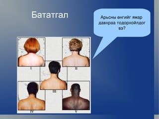 Бататгал        Арьсны өнгийг ямар 
                   давхраа тодорхойлдог 
                            вэ?




                
 