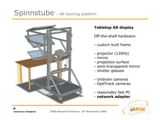 Tabletop AR display Off-the-shelf hardware: - custom built frame  - projector (120Hz) - mirror - projection surface - semi-transparent mirror - shutter glasses - Unibrain cameras - OptiTrack cameras - reasonably fast PC -  network adapter Spinnstube  - AR learning platform CMIS Research Seminar, 19 th  November 2008 