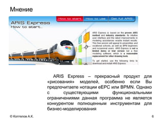 Мнение
ARIS Express – прекрасный продукт для
«рисования» моделей, особенно если Вы
предпочитаете нотации eEPC или BPMN. Однако
с существующими функциональными
ограничениями данная программа не является
конкурентом полноценным инструментам для
бизнес-моделирования
6© Коптелов А.К.
 